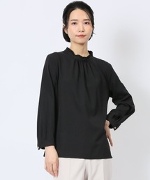 【ストレッチ　マシンウォッシャブル】m.f.エディトリアル レディース ギャザーハイネック 8分袖プルオーバーブラウス