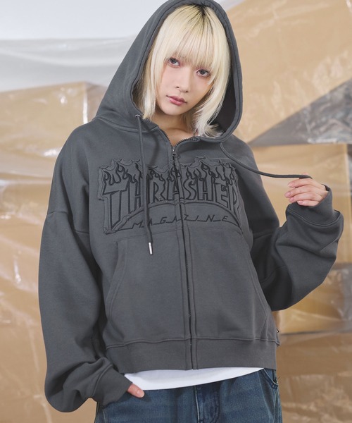 MSG(エムエスジー)の「THRASHER×MSG/スラッシャー 別注 ヘビーウェイト裏毛パッチワーク刺繍ジップアップパーカー(パーカー・メンズ・グレー/ブラック/チャコール・S/M/L/XL)」の18枚目の写真