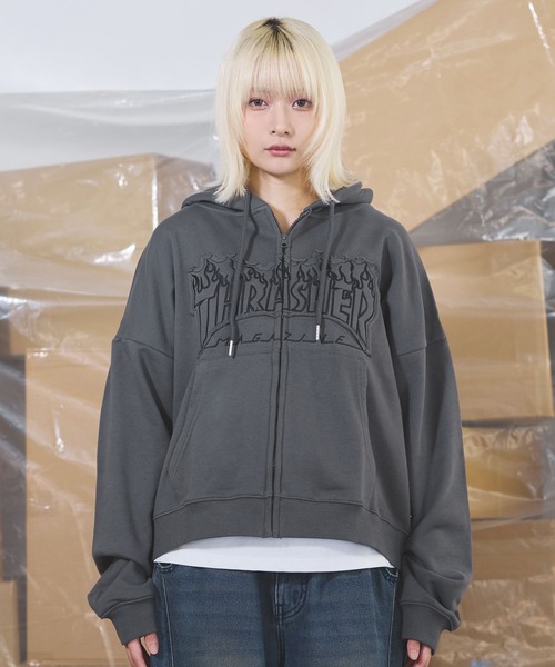 MSG(エムエスジー)の「THRASHER×MSG/スラッシャー 別注 ヘビーウェイト裏毛パッチワーク刺繍ジップアップパーカー(パーカー・メンズ・グレー/ブラック/チャコール・S/M/L/XL)」の13枚目の写真