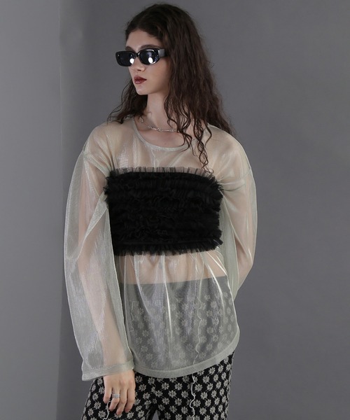 ROSE BUD（ローズバッド）の「(CREOLME)チュールフリルベアトップ（シャツ/ブラウス・レディース・ブラック/ピンク・ONE SIZE）」の4枚目の写真