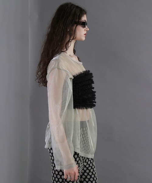 ROSE BUD（ローズバッド）の「(CREOLME)チュールフリルベアトップ（シャツ/ブラウス・レディース・ブラック/ピンク・ONE SIZE）」の5枚目の写真