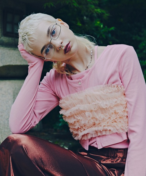 ROSE BUD（ローズバッド）の「(CREOLME)チュールフリルベアトップ（シャツ/ブラウス・レディース・ブラック/ピンク・ONE SIZE）」の9枚目の写真