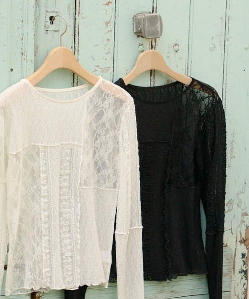 Unitage（ユニテージ）の「レース切り替えロングスリーブトップス（Tシャツ/カットソー・レディース・ブラック/アイボリー・FREE）」の8枚目の写真