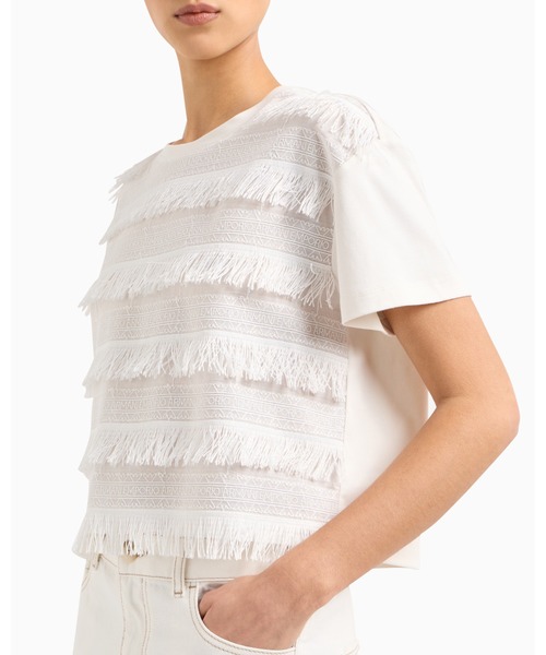 EMPORIO ARMANI（エンポリオアルマーニ）の「【エンポリオ アルマーニ】Tシャツ スーピマインターロックジャージー フリンジ（Tシャツ/カットソー・レディース・ホワイト・SMALL/MEDIUM/X-SMALL/LARGE）」の3枚目の写真