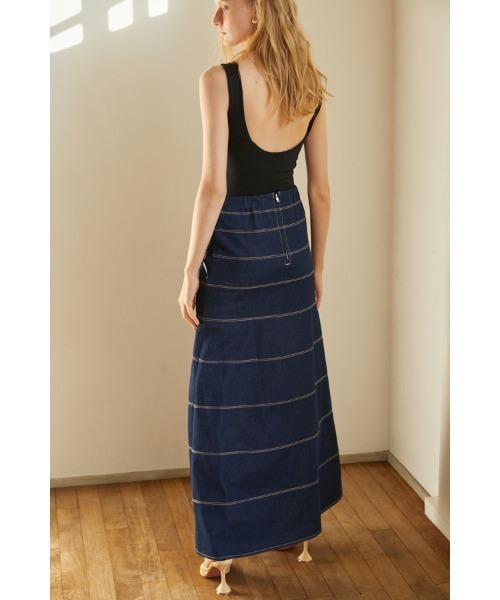 Estella.K(エステラケー)の「Liza Denim Skirt ボーダースウィッチングデニムロングスカート(スカート・レディース・ホワイト/インディゴブルー・SMALL/MEDIUM)」の12枚目の写真