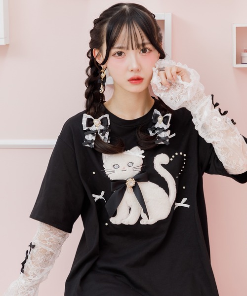 ROJITA(ロジータ)の「アームウオーマー付き Ribbon Cat Tシャツ(Tシャツ/カットソー・レディース・ホワイト/ブラック/ピンクベージュ・FREE)」の11枚目の写真