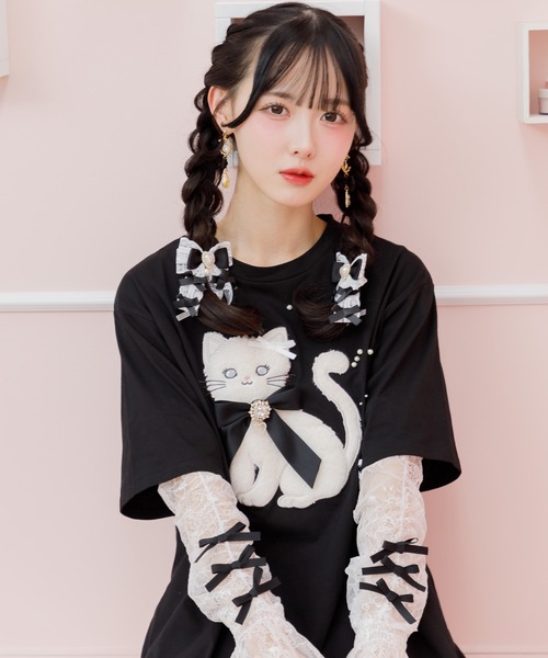 ROJITA(ロジータ)の「アームウオーマー付き Ribbon Cat Tシャツ(Tシャツ/カットソー・レディース・ホワイト/ブラック/ピンクベージュ・FREE)」の9枚目の写真