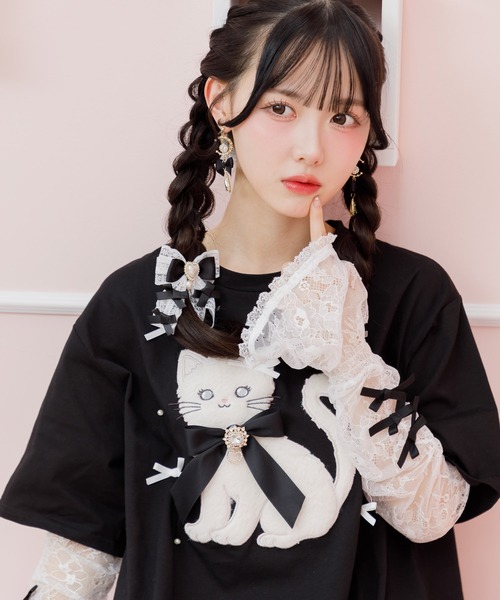 ROJITA(ロジータ)の「アームウオーマー付き Ribbon Cat Tシャツ(Tシャツ/カットソー・レディース・ホワイト/ブラック/ピンクベージュ・FREE)」の12枚目の写真
