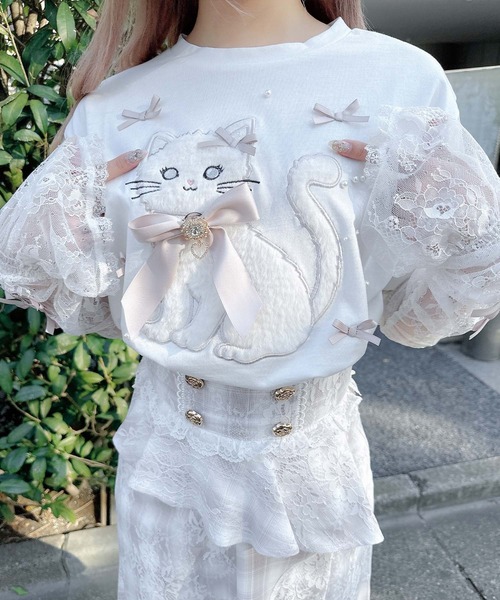アームウオーマー付き Ribbon Cat Tシャツ（Tシャツ/カットソー
