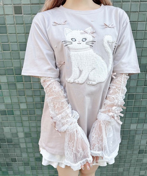 アームウオーマー付き Ribbon Cat Tシャツ（Tシャツ/カットソー  
