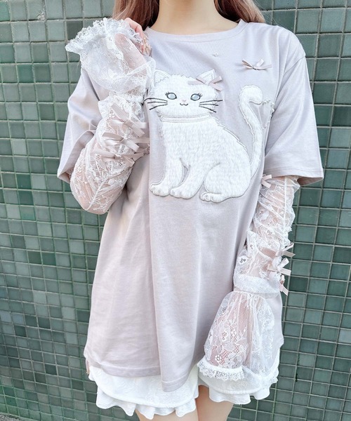 ROJITA(ロジータ)の「アームウオーマー付き Ribbon Cat Tシャツ(Tシャツ/カットソー・レディース・ホワイト/ブラック/ピンクベージュ・FREE)」の4枚目の写真