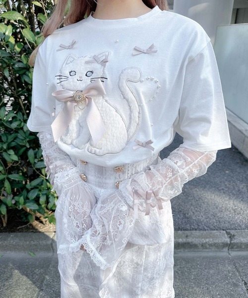 アームウオーマー付き Ribbon Cat Tシャツ（Tシャツ/カットソー
