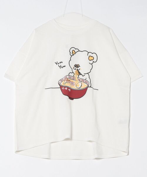 JEANS MATE（ジーンズメイト）の「【Hi Hey Hoooo/ハイヘイホー】ラーメン大好きアニマルTシャツ（Tシャツ/カットソー・レディース・オフホワイト/ブラック・FREE）」の7枚目の写真