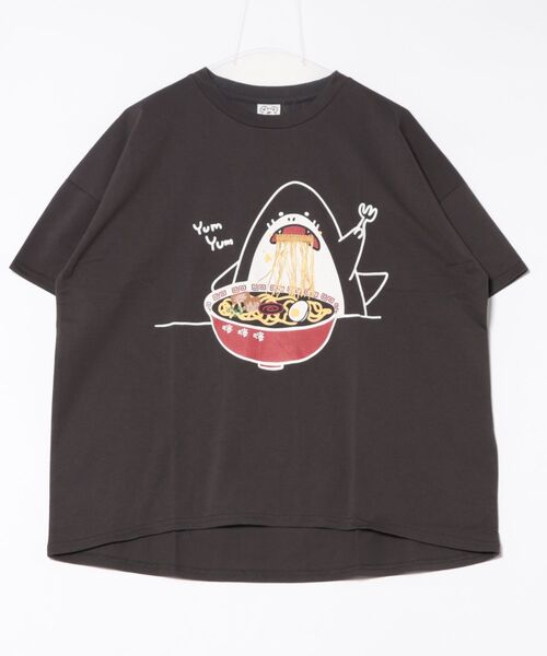 JEANS MATE（ジーンズメイト）の「【Hi Hey Hoooo/ハイヘイホー】ラーメン大好きアニマルTシャツ（Tシャツ/カットソー・レディース・オフホワイト/ブラック・FREE）」の8枚目の写真