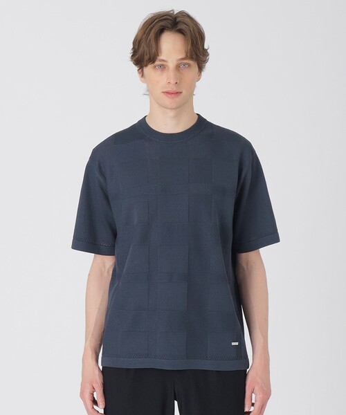 BLACK LABEL CRESTBRIDGE(ブラックレーベル・クレストブリッジ)の「ハイツイストシャドーチェックニットTシャツ(Tシャツ/カットソー・メンズ・レッド系その他/ネイビー/ブラック・M/L)」の1枚目の写真