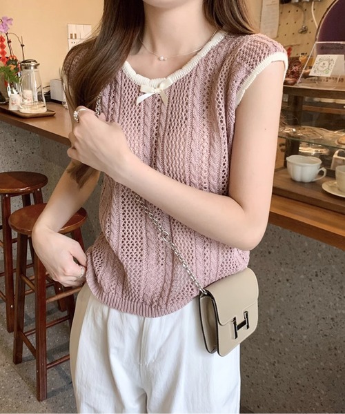 トップス KAZU 胸元刺繍スタンドカラージップニットトップス [C7187