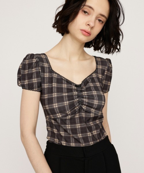 SLY スライ　CHECK PRINT PUFF SLEEVE トップス CHECK PRINT PUFF SLEEVE TOPS チェック プリント パフスリーブ