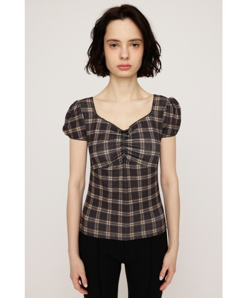 SLY(スライ)の「CHECK PRINT PUFF SLEEVE TOPS チェック プリント パフスリーブ トップス 夏服(Tシャツ/カットソー・レディース・ベージュ系その他/ブラック系その他2・FREE)」の5枚目の写真