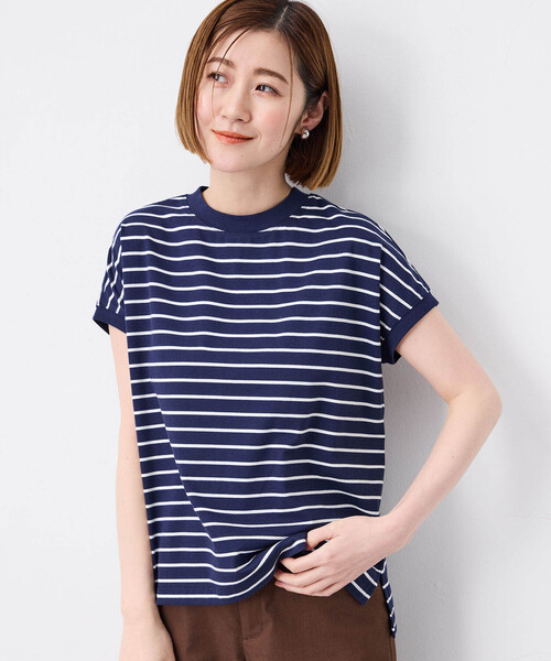 Petit Honfleur(プチオンフルール)の「2025年春夏【接触冷感・UVカット】オーガニックコットンボーダーTシャツ(Tシャツ/カットソー・レディース・イエロー/ネイビー/ホワイト・M/L)」の1枚目の写真