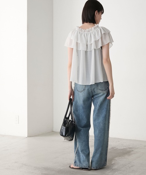 &ellecy アンドエルシー 総柄 フリル シアー ブラウス ellecy - &ellecy アンドエルシー 長袖シャツ オープンカラー