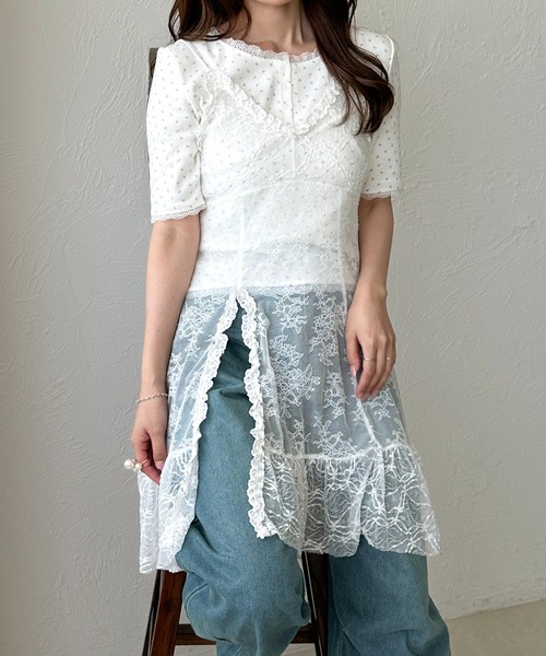 apres jour clair（アプレジュールクレア）の「【apres jour clair】レースフリルキャミチュニック【4周年記念アイテム】（チュニック・レディース・オフホワイト/ブラック・X-LARGE/フリー）」の3枚目の写真