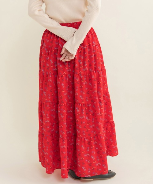 Dot＆Stripes CHILD WOMAN（ドットアンドストライプス　チャイルドウーマン）の「☆クロスフラワープリント ティアードスカート（スカート・レディース・ブラック/レッド・FREE）」の9枚目の写真