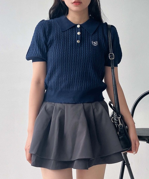セール】○ワンポイントロゴ刺繍 ケーブルニットポロ