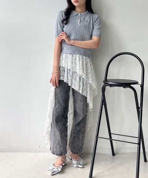 AS KNOW AS plus(アズノゥアズプラス)の「●ワンポイントロゴ刺繍 ケーブルニットポロ(ポロシャツ・レディース・シルバー/オフホワイト/ネイビー/ホワイト系・FREE)」の11枚目の写真