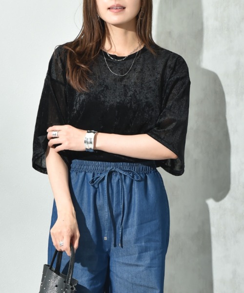 INTERPLANET（インタープラネット）の「シアーベロア５分袖プルオーバー（Tシャツ/カットソー・レディース・ブラック/オフホワイト/ブラウン・FREE）」の2枚目の写真