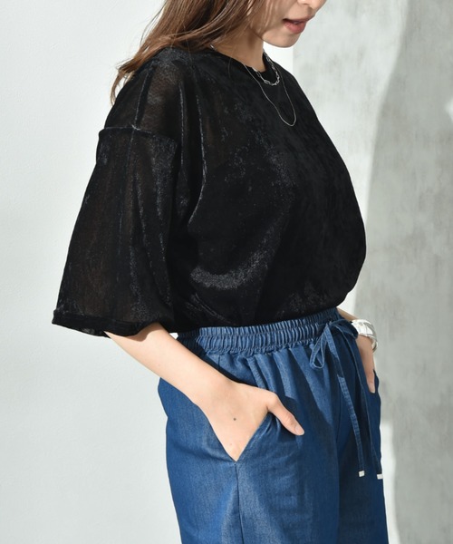 INTERPLANET（インタープラネット）の「シアーベロア５分袖プルオーバー（Tシャツ/カットソー・レディース・ブラック/オフホワイト/ブラウン・FREE）」の18枚目の写真