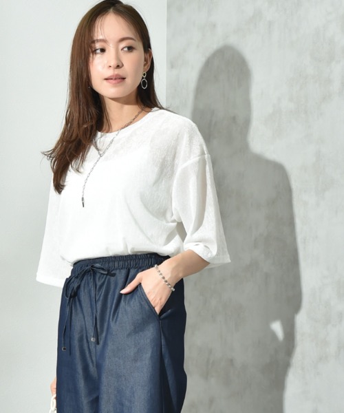 INTERPLANET（インタープラネット）の「シアーベロア５分袖プルオーバー（Tシャツ/カットソー・レディース・ブラック/オフホワイト/ブラウン・FREE）」の4枚目の写真