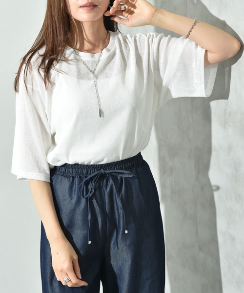 INTERPLANET（インタープラネット）の「シアーベロア５分袖プルオーバー（Tシャツ/カットソー・レディース・ブラック/オフホワイト/ブラウン・FREE）」の7枚目の写真