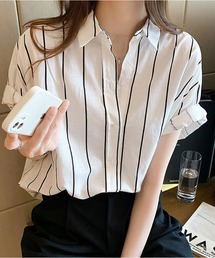 スッキリ ストライプ レギュラーカラー 半袖シャツ