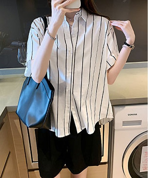 BLANC FICELLE(ブランフィセル)の「スッキリ ストライプ レギュラーカラー 半袖シャツ(シャツ/ブラウス・レディース・ホワイト/ブルー・S/M/L/XL)」の5枚目の写真