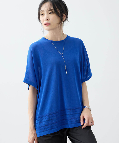 A/C DESIGN BY ALPHA CUBIC（エーシーデザインバイアルファキュービック）の「【接触冷感・洗濯可能】裾透かし編みサマーニットプルオーバー（ニット/セーター・レディース・オフホワイト/ブルー/ブラック・M/L）」の4枚目の写真