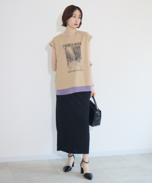 Paradise Picnic（パラダイスピクニック）の「doll up oops FRENCH HUSHプリント配色トップス（Tシャツ/カットソー・レディース・イエロー/キャメル/チャコールグレー・FREE）」の5枚目の写真