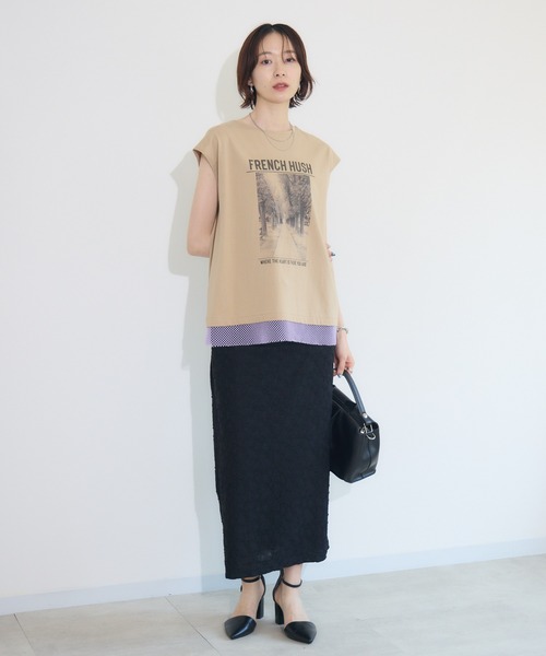 Paradise Picnic（パラダイスピクニック）の「doll up oops FRENCH HUSHプリント配色トップス（Tシャツ/カットソー・レディース・イエロー/キャメル/チャコールグレー・FREE）」の6枚目の写真