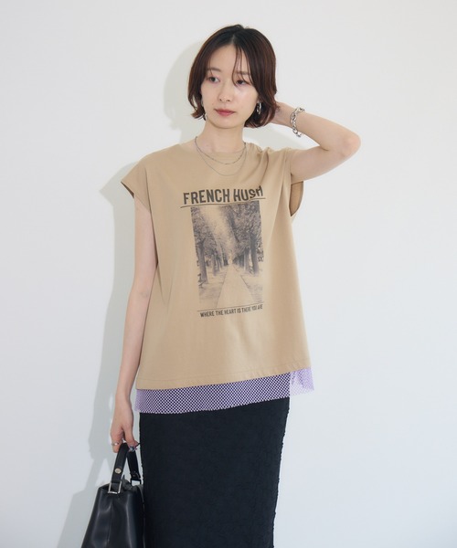 tシャツ doll up oops FRENCH HUSHプリント配色トップス レディース doll up oops FRENCH HUSHプリント配色トップス（Tシャツ