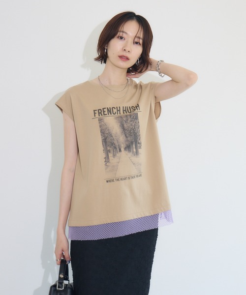 Paradise Picnic（パラダイスピクニック）の「doll up oops FRENCH HUSHプリント配色トップス（Tシャツ/カットソー・レディース・イエロー/キャメル/チャコールグレー・FREE）」の9枚目の写真