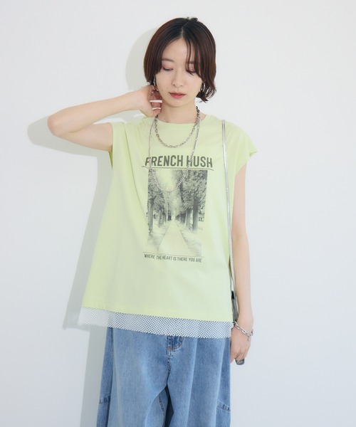 doll up oops FRENCH HUSHプリント配色トップス（Tシャツ