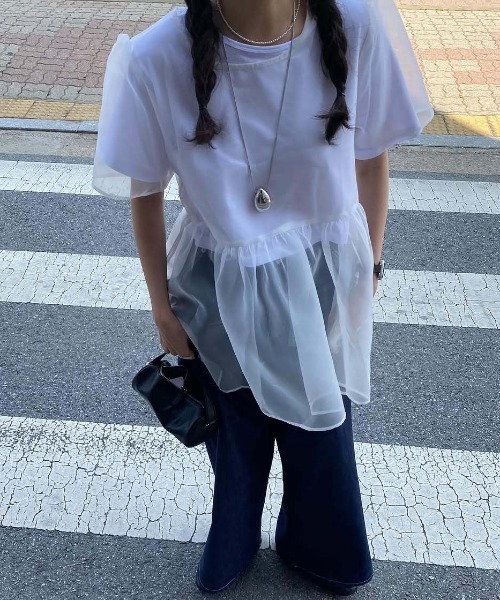 Mela(メラ)の「シアー切り替えペプラムトップス(Tシャツ/カットソー・レディース・ネイビー/ホワイト・FREE)」の6枚目の写真