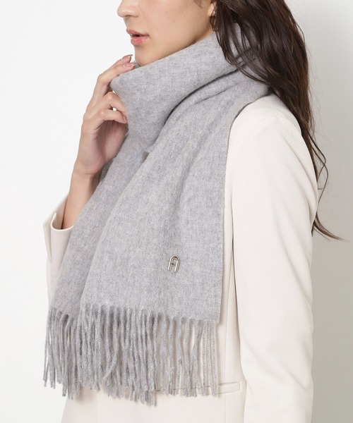 FURLA グレー フリンジ付きマフラー FURLA 【洗える】カシミヤ100