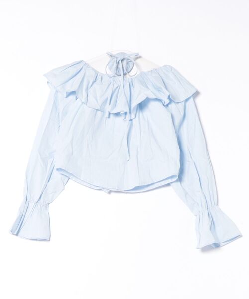 STAY MOTION（ステイモーション）の「【WEB限定】バラモチーフチョーカー付きフリルオフショル長袖ブラウス［韓国ファッション ガーリー］（シャツ/ブラウス・レディース・サックスブルー/オフホワイト・F）」の8枚目の写真