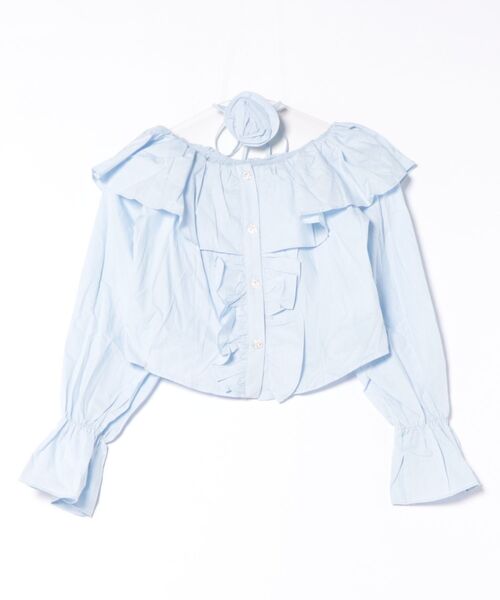 STAY MOTION（ステイモーション）の「【WEB限定】バラモチーフチョーカー付きフリルオフショル長袖ブラウス［韓国ファッション ガーリー］（シャツ/ブラウス・レディース・サックスブルー/オフホワイト・F）」の11枚目の写真