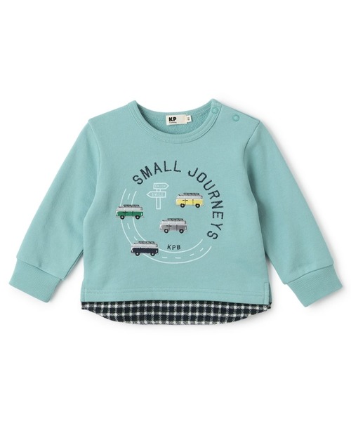 KP BOY（ケーピーボーイ）の「車刺シュウ×裾チェック トレーナー（スウェット・キッズ・オートミール/サックスブルー・80ｃｍ/90cm/100cm/110cm/120cm/130cm）」の2枚目の写真