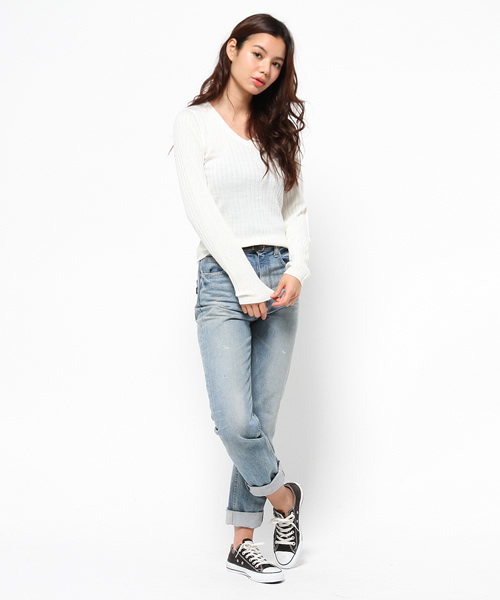 MOUSSY（マウジー）の「BASIC RIB KNIT（ニット/セーター・レディース・オフホワイト/オレンジ/カーキ/ブラック/トップグレー・FREE）」の7枚目の写真