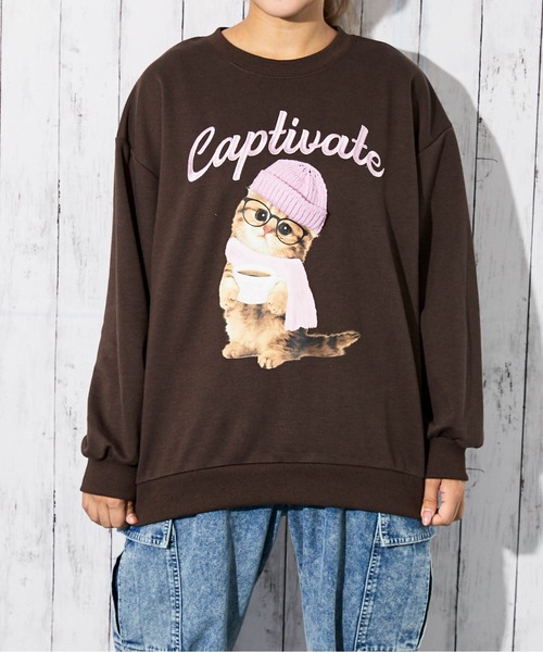 GORGE(ゴージ)の「《ねこニット帽×刺繍ロゴ》レディース 裏毛 スウェット 猫プリント カジュアル 春秋冬(スウェット・レディース・ブラウン/ボルドー/カモフラージュ/オートミール/チャコール・F)」の11枚目の写真