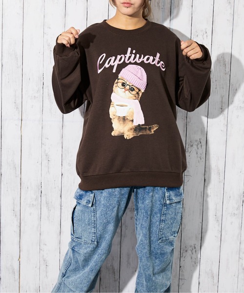 GORGE(ゴージ)の「《ねこニット帽×刺繍ロゴ》レディース 裏毛 スウェット 猫プリント カジュアル 春秋冬(スウェット・レディース・ブラウン/ボルドー/カモフラージュ/オートミール/チャコール・F)」の12枚目の写真