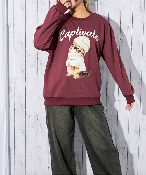 GORGE(ゴージ)の「《ねこニット帽×刺繍ロゴ》レディース 裏毛 スウェット 猫プリント カジュアル 春秋冬(スウェット・レディース・ブラウン/ボルドー/カモフラージュ/オートミール/チャコール・F)」の20枚目の写真