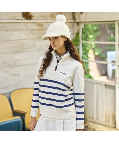 ROSASEN(ロサーセン)の「【Rosasen/GOLF】モールニット ボーダー ハーフジップハイネック(ニット/セーター・レディース・ブルー/オフホワイト・L/M)」の2枚目の写真